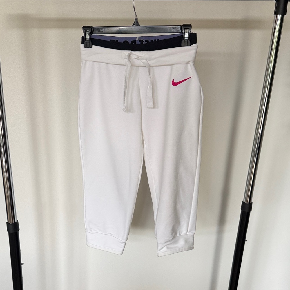 Nike crop White Sweatpants with Pink Swoosh